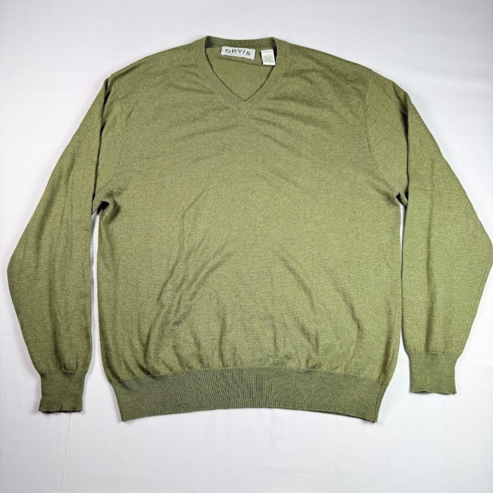 Orvis Mens V-Neck Sweater Large Olive Green Cotton Silk Cashmere Blend Knit